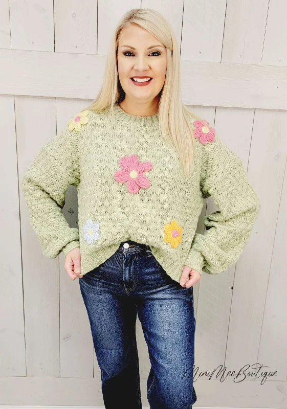 Pale Green Knit Sweater with Flowers Long Sweater Short Sweater Cropped Sweater
