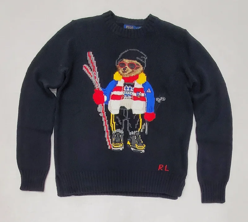 Nwt Polo Ralph Lauren Women's Black Skier Teddy Bear Sweater Neon Metallic Matte