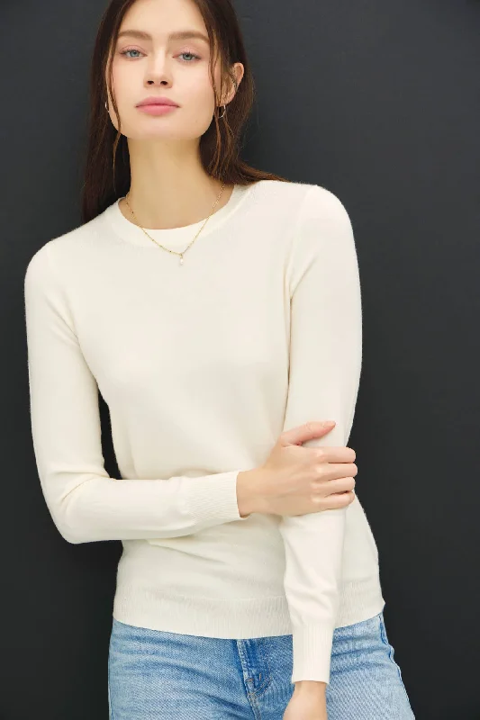 Soft Basic Crew Neck Sweater |  Off White Wool Fabric Cashmere Fabric Tweed Fabric