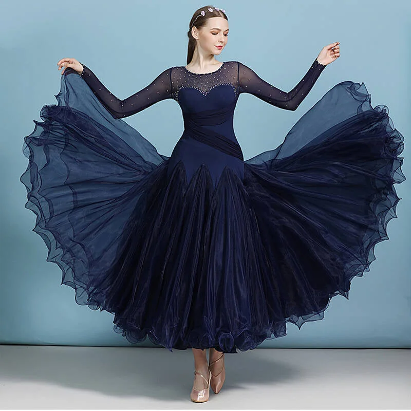 Round Neck Long Sleeve Ballroom Dress with Rhinestones