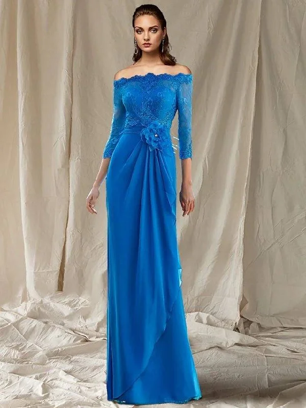 Sheath / Column Mother of the Bride Dress Elegant Off Shoulder Sweep / Brush Train Chiffon Lace 3/4 Length Sleeve with Pleats Appliques Flower