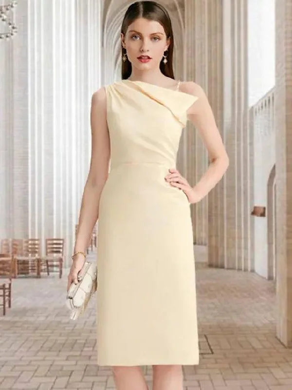 Sheath / Column Mother of the Bride Dress Elegant Sweet One Shoulder Spaghetti Strap Knee Length Chiffon Sleeveless with Side-Draped Sheath / Column Mother of the Bride Dress Elegant Sweet One Shoulder Spaghetti Strap Knee Length Chiffon Sleeveless with Side-Draped