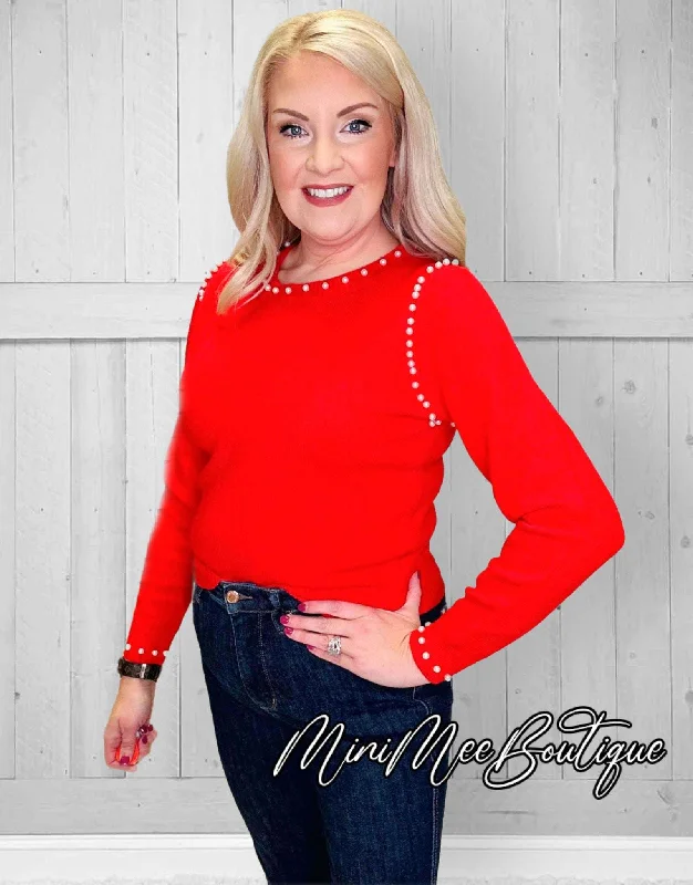 Red Sweater with Pearl Accents Front Pockets Side Pockets Patch Pockets