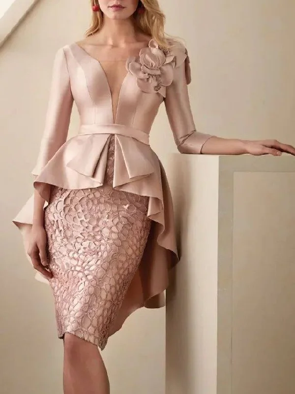 Sheath / Column Mother of the Bride Dress Elegant Bateau Neck Knee Length Satin 3/4 Length Sleeve with Pleats Flower Sheath / Column Mother of the Bride Dress Elegant Bateau Neck Knee Length Satin 3/4 Length Sleeve with Pleats Flower