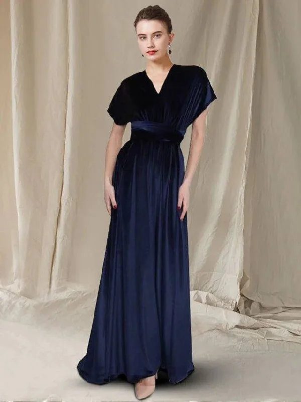 A-Line Mother of the Bride Dress Elegant V Neck Sweep / Brush Train Velvet Cap Sleeve with Pleats Ruched