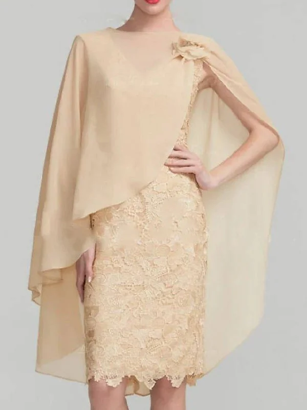 Sheath / Column Mother of the Bride Dress Wrap Included Jewel Neck Knee Length Chiffon Sleeveless with Lace Appliques