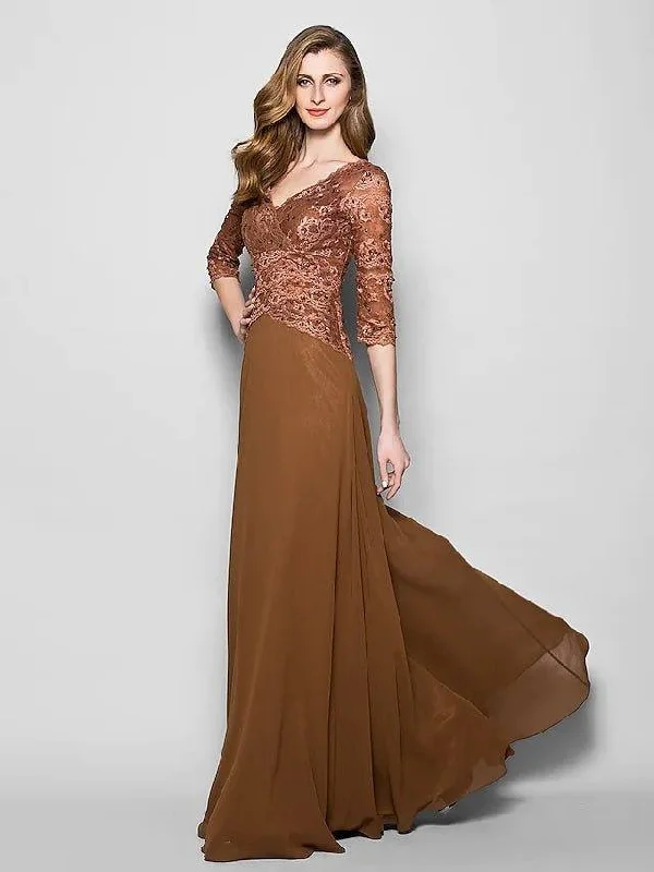 A-Line Mother of the Bride Dress V Neck Floor Length Lace Georgette 3/4 Length Sleeve with Lace Beading
