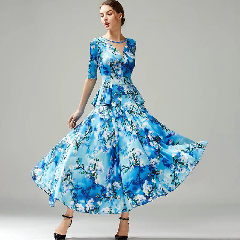 Floral Print Patchwork Half Sleeve Ballroom Dress