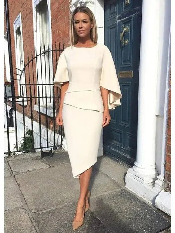 Sheath / Column Mother of the Bride Dress Elegant Jewel Neck Knee Length Charmeuse Half Sleeve with Tier Sheath / Column Mother of the Bride Dress Elegant Jewel Neck Knee Length Charmeuse Half Sleeve with Tier