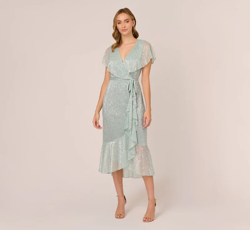 Floral Metallic Stencil Midi-Length Mermaid Dress With Capelet In Sea Glass