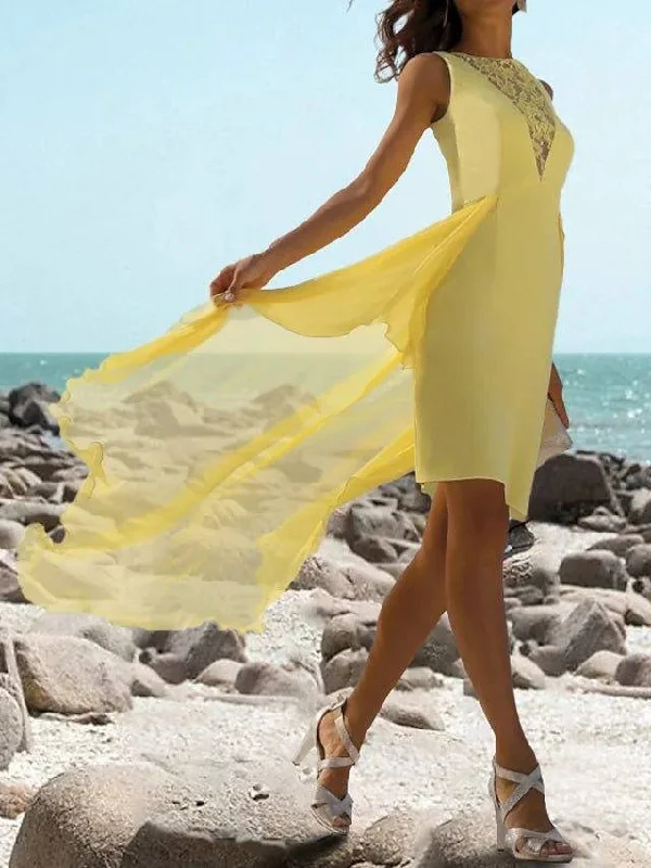 Sheath / Column Mother of the Bride Dress Elegant Jewel Neck Knee Length Chiffon Lace Sleeveless with Appliques Sheath / Column Mother of the Bride Dress Elegant Jewel Neck Knee Length Chiffon Lace Sleeveless with Appliques