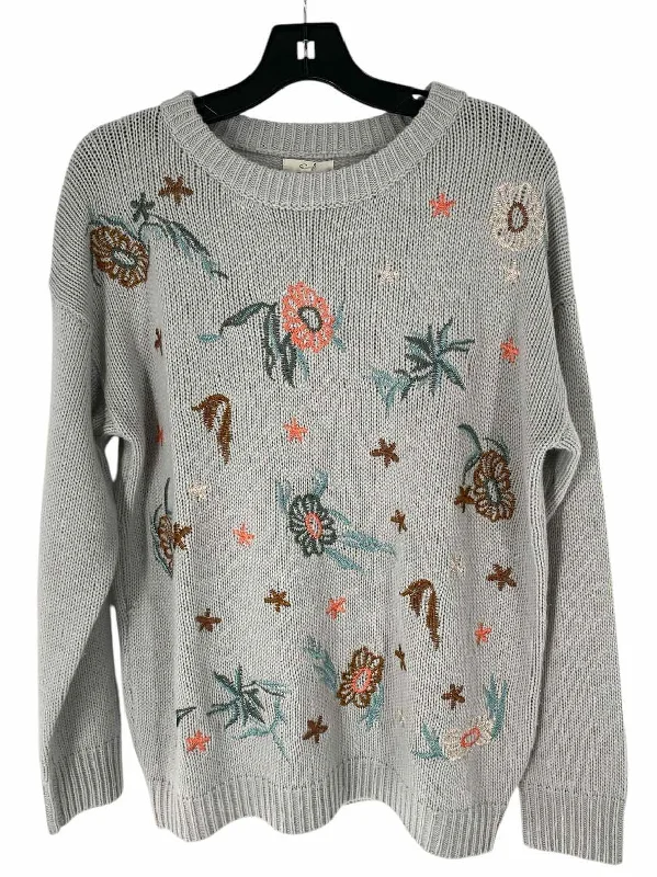 Easel Size S Grey Embroidered Knit Sweater Striped Floral Plaid