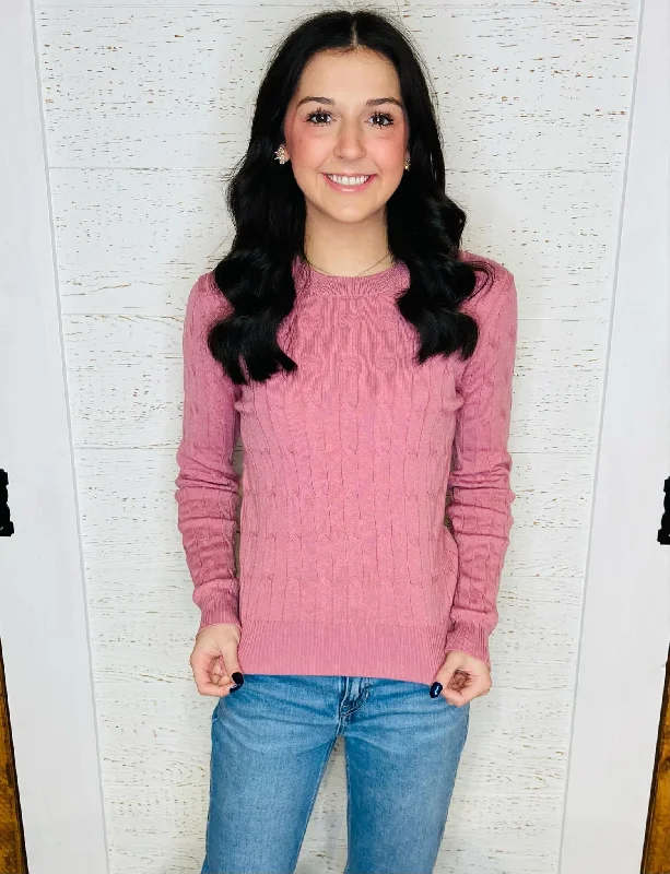 Mauve Cable Knit Sweater Polka Dot Checkered Tartan