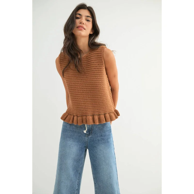 AVA RUFFLE HEM SWEATER TANK TOP | CAMEL Knit Fabric Woven Fabric Fleece Fabric