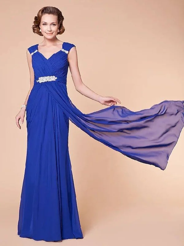 Sheath / Column Mother of the Bride Dress Sparkle & Shine V Neck Floor Length Chiffon Sleeveless with Criss Cross Beading Draping
