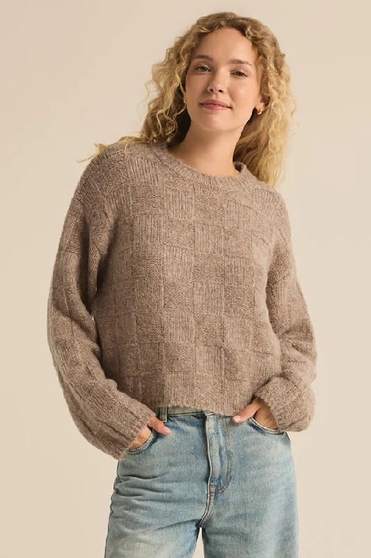 Delilah Check Sweater - Light Oatmeal Heather Stretchy Elastic Breathable