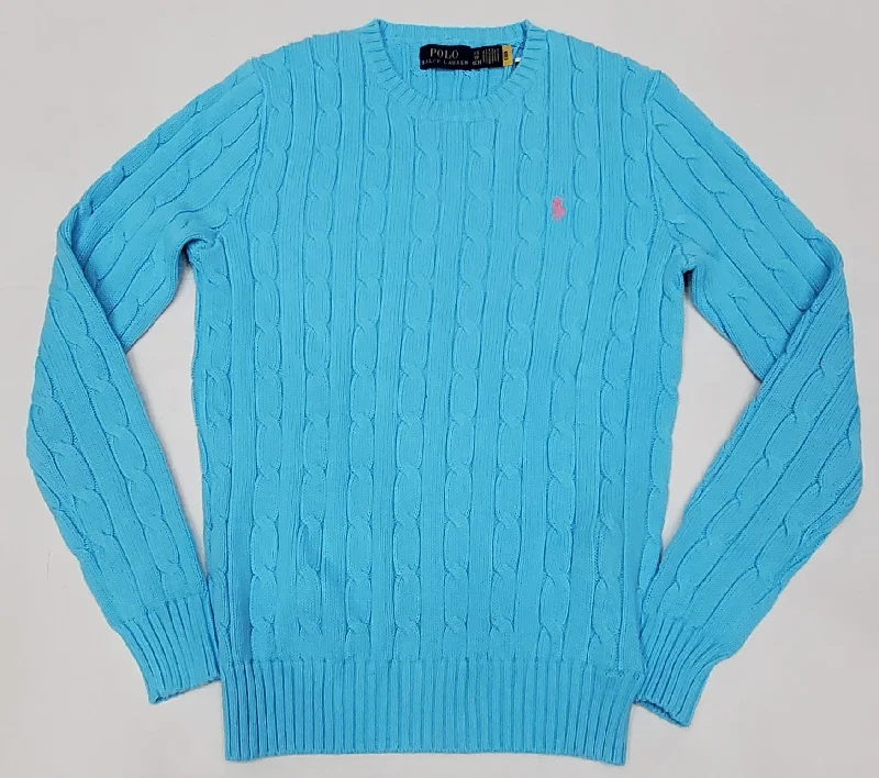 Nwt Polo Ralph Lauren Women's Aqua Cable Knit Small Pony Cotton Sweater Real Fur Shearling Chenille Nwt Polo Ralph Lauren Women's Aqua Cable Knit Small Pony Cotton Sweater Real Fur Shearling Chenille