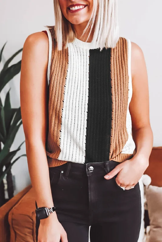 Khaki Stripe Color Block Sleeveless Knitted Sweater Vest Polka Dot Checkered Tartan