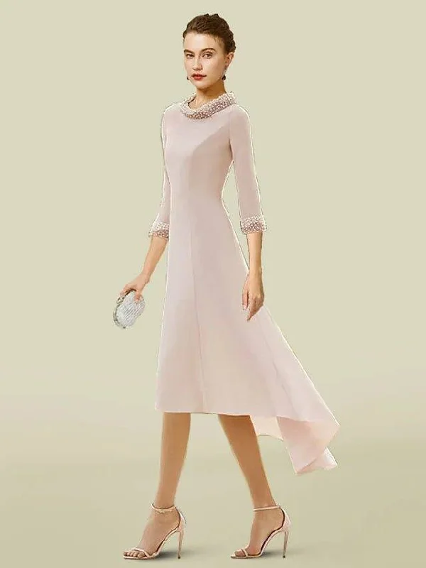 A-Line Mother of the Bride Dress Elegant Jewel Neck Asymmetrical Stretch Chiffon Half Sleeve with Pearls A-Line Mother of the Bride Dress Elegant Jewel Neck Asymmetrical Stretch Chiffon Half Sleeve with Pearls