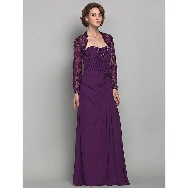 Sheath / Column Mother of the Bride Dress Wrap Included Sweetheart Neckline Floor Length Chiffon Lace Long Sleeve with Lace Criss Cross Ruched