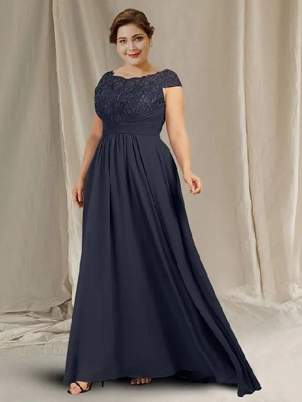 Sheath / Column Mother of the Bride Dress Plus Size Elegant Jewel Neck Floor Length Chiffon Lace Cap Sleeve with Ruched Appliques