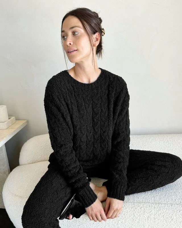 Black Fuzzy Cable Knit Sweater PJ Set Ribbed Striped Patterned