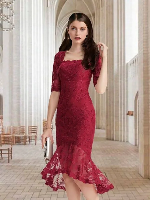 Mermaid / Trumpet Mother of the Bride Dress Elegant Vintage Square Neck Asymmetrical Tea Length Lace Half Sleeve with Ruffles Appliques Mermaid / Trumpet Mother of the Bride Dress Elegant Vintage Square Neck Asymmetrical Tea Length Lace Half Sleeve with Ruffles Appliques