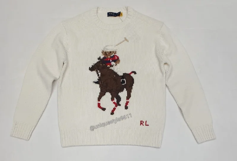 Nwt Polo Ralph Lauren Women's White Teddy Bear Sweater Herringbone Houndstooth Plaid