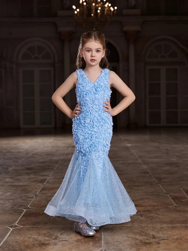 Tween Girls' Mesh Insert Mermaid Hem 3D Flower Dress