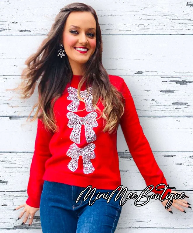 Red Sweater with Sequin Bows Zippered Front Buttoned Front Snap Front