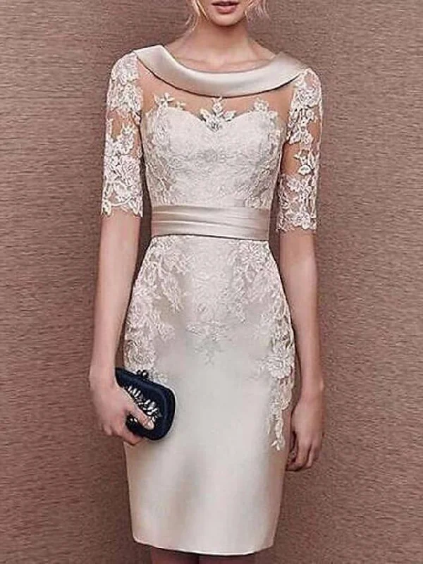 Sheath / Column Mother of the Bride Dress Elegant Jewel Neck Knee Length Stretch Satin Short Sleeve with Appliques Sheath / Column Mother of the Bride Dress Elegant Jewel Neck Knee Length Stretch Satin Short Sleeve with Appliques