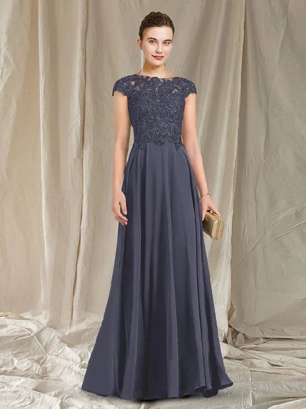 A-Line Mother of the Bride Dress Elegant Jewel Neck Floor Length Chiffon Lace Cap Sleeve with Beading Appliques