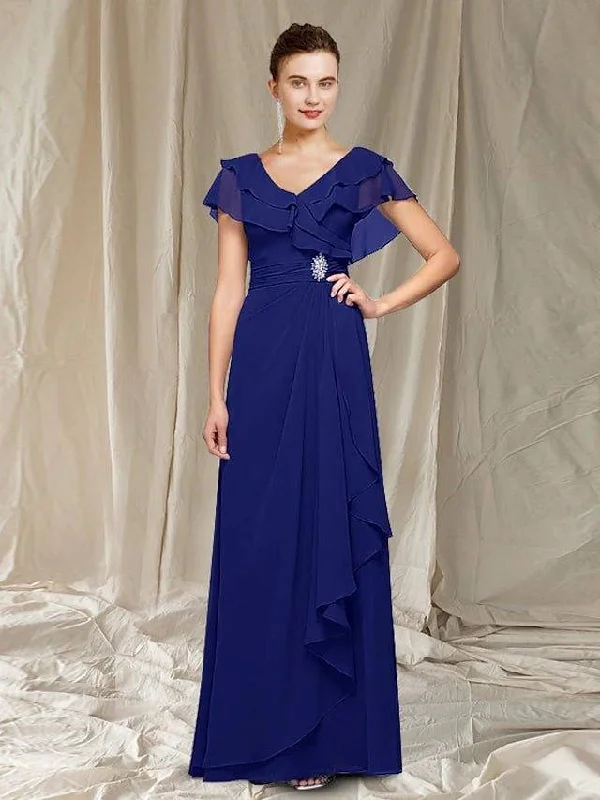A-Line Mother of the Bride Dress Elegant V Neck Floor Length Chiffon Sleeveless with Ruched Ruffles Crystal Brooch A-Line Mother of the Bride Dress Elegant V Neck Floor Length Chiffon Sleeveless with Ruched Ruffles Crystal Brooch