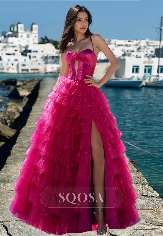 Spaghetti Straps Sweetheart Sleeveless Pleated Beaded Cutout Tiered A-Line Prom Dress Spaghetti Straps Sweetheart Sleeveless Pleated Beaded Cutout Tiered A-Line Prom Dress