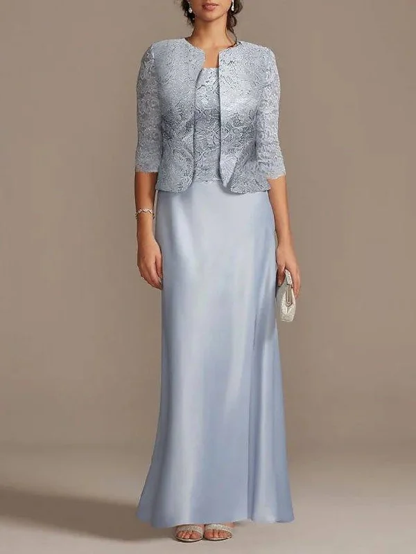 Sheath / Column Mother of the Bride Dress Elegant Scoop Neck Floor Length Polyester 3/4 Length Sleeve with Lace Sheath / Column Mother of the Bride Dress Elegant Scoop Neck Floor Length Polyester 3/4 Length Sleeve with Lace