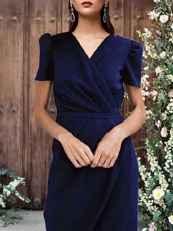 Sheath / Column Mother of the Bride Dress Elegant Vintage V Neck Tea Length Stretch Fabric Short Sleeve with Side-Draped Sheath / Column Mother of the Bride Dress Elegant Vintage V Neck Tea Length Stretch Fabric Short Sleeve with Side-Draped