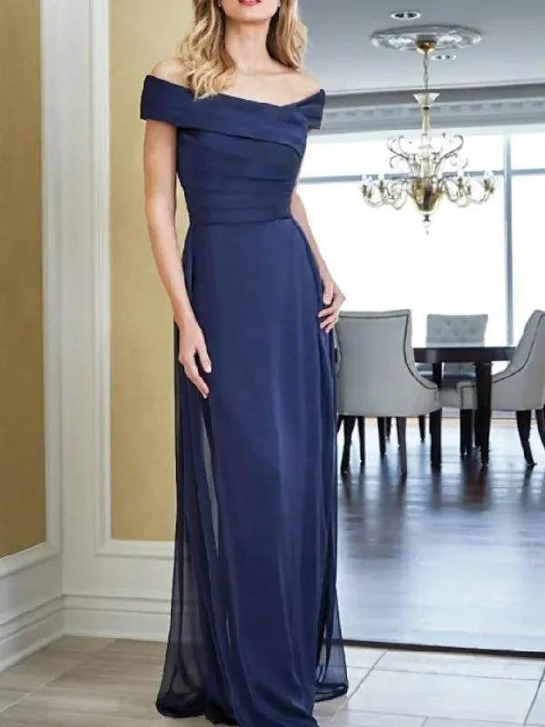Sheath / Column Mother of the Bride Dress Elegant Off Shoulder Floor Length Chiffon Short Sleeve with Ruching