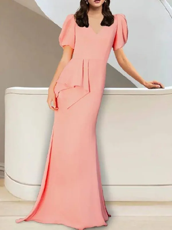 Sheath / Column Mother of the Bride Dress Elegant V Neck Sweep / Brush Train Stretch Fabric Short Sleeve with Side Draping Solid Color Sheath / Column Mother of the Bride Dress Elegant V Neck Sweep / Brush Train Stretch Fabric Short Sleeve with Side Draping Solid Color
