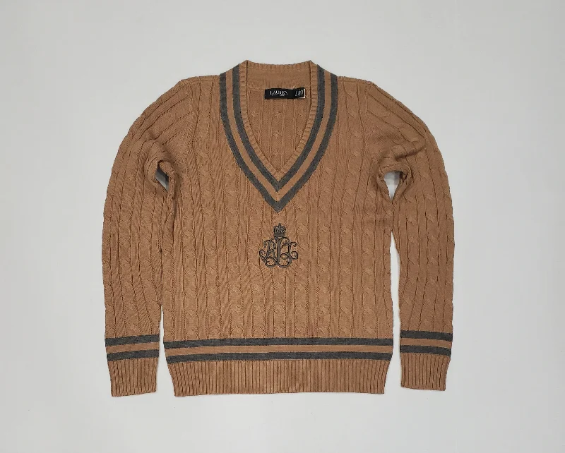 Nwt Polo Ralph Lauren Women's Camel Tan Cable Knit Script LRL Cotton Cricket Sweater Elegant Classic Vintage