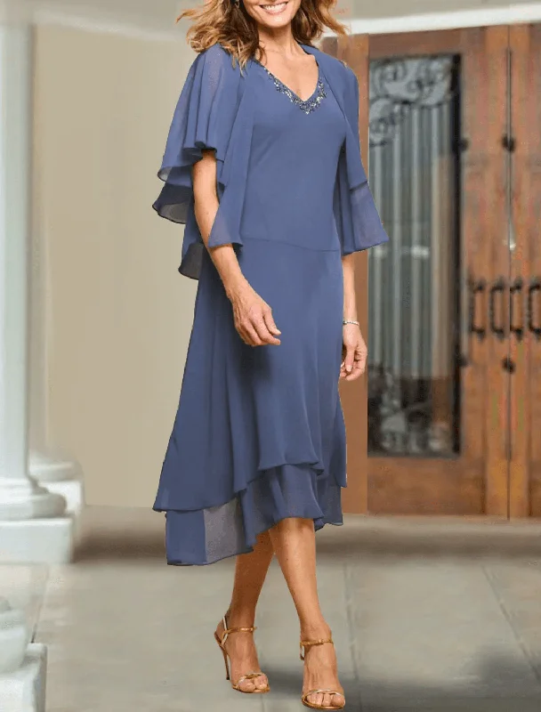 Two Piece A-Line Mother of the Bride Dress Elegant Wrap Included V Neck