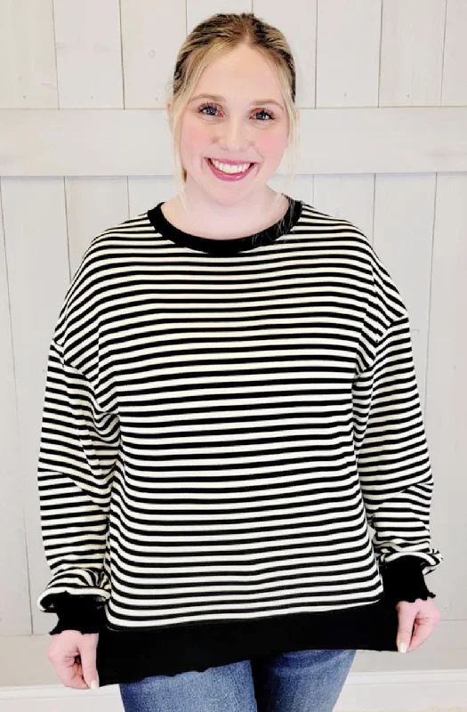 Black Striped "Too Good to Be True" Women's Sweater Print Jacquard Patchwork