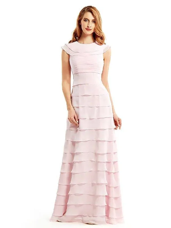 Sheath / Column Mother of the Bride Dress Elegant Jewel Neck Floor Length Chiffon Sleeveless with Cascading Ruffles Sheath / Column Mother of the Bride Dress Elegant Jewel Neck Floor Length Chiffon Sleeveless with Cascading Ruffles