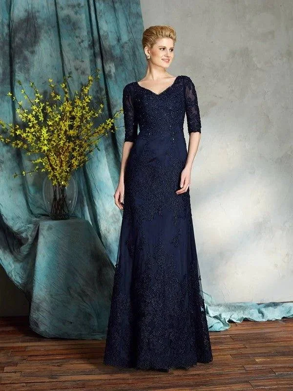 Sheath/Column V-neck Applique 1/2 Sleeves Long Satin Mother of the Bride Dresses