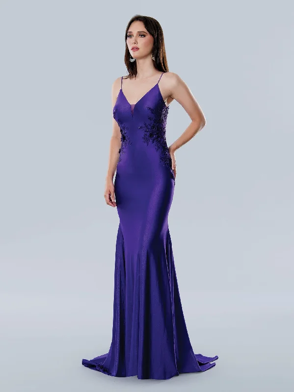 Stella Couture 25186 Long Fitted Formal Floral Applique Prom Dress