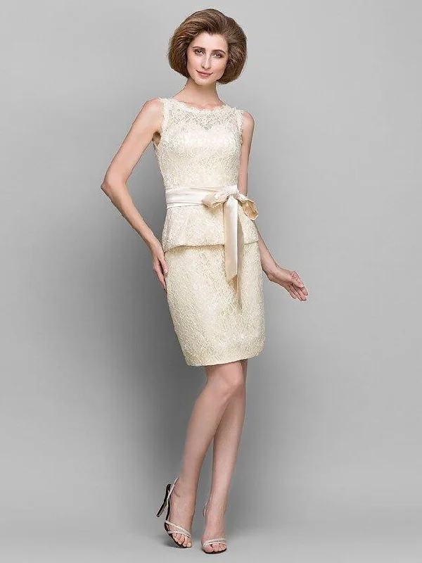 Sheath / Column Mother of the Bride Dress Vintage Inspired Scoop Neck Short / Mini Lace Sleeveless with Lace Sheath / Column Mother of the Bride Dress Vintage Inspired Scoop Neck Short / Mini Lace Sleeveless with Lace