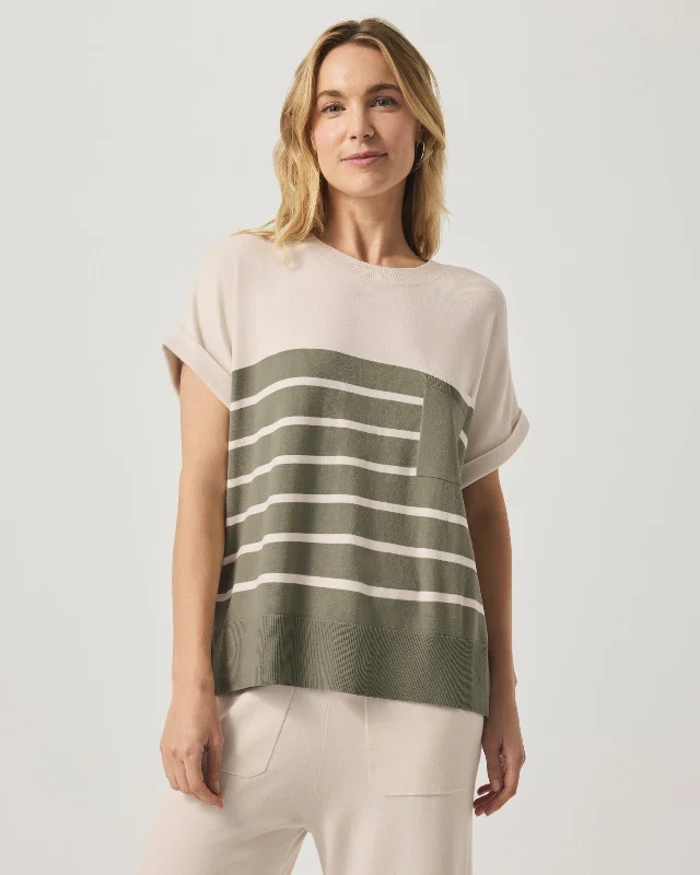 Striped Veronica Short Sleeve Pocket Sweater Graphic Sweater Embroidered Appliqued