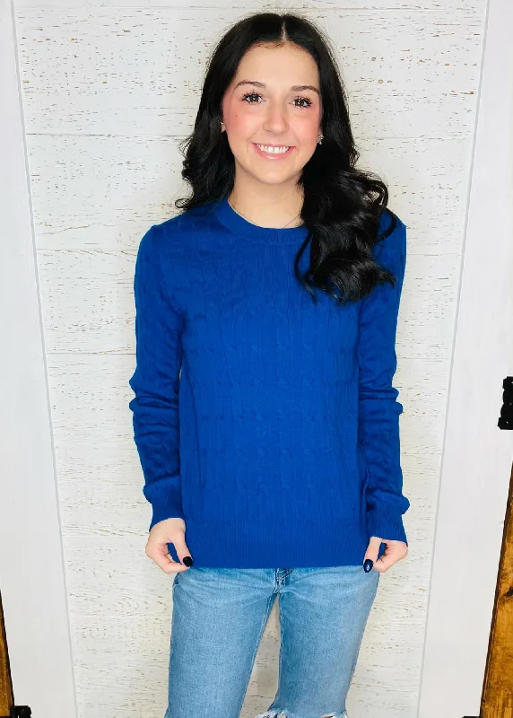 Royal Blue Cable Knit Sweater Striped Floral Plaid