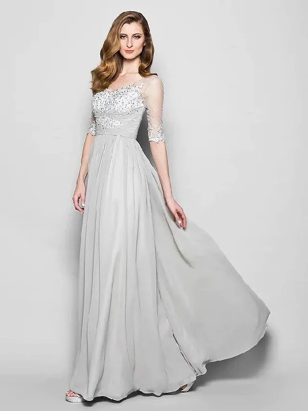 A-Line Mother of the Bride Dress V Neck Floor Length Chiffon Tulle Half Sleeve with Ruched Beading Sequin 2022 / Illusion Sleeve