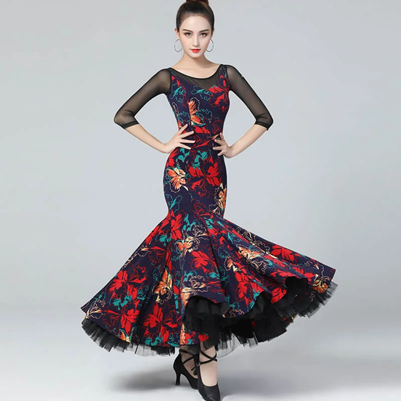 Flower Print Multicolor Ballroom Dress with Mesh