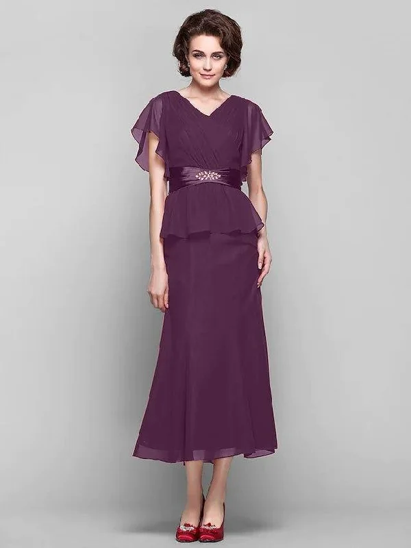 Sheath / Column Mother of the Bride Dress Vintage Inspired V Neck Tea Length Chiffon Short Sleeve with Sash / Ribbon Criss Cross Crystals 2022 / Poet Sleeve Sheath / Column Mother of the Bride Dress Vintage Inspired V Neck Tea Length Chiffon Short Sleeve with Sash / Ribbon Criss Cross Crystals 2022 / Poet Sleeve